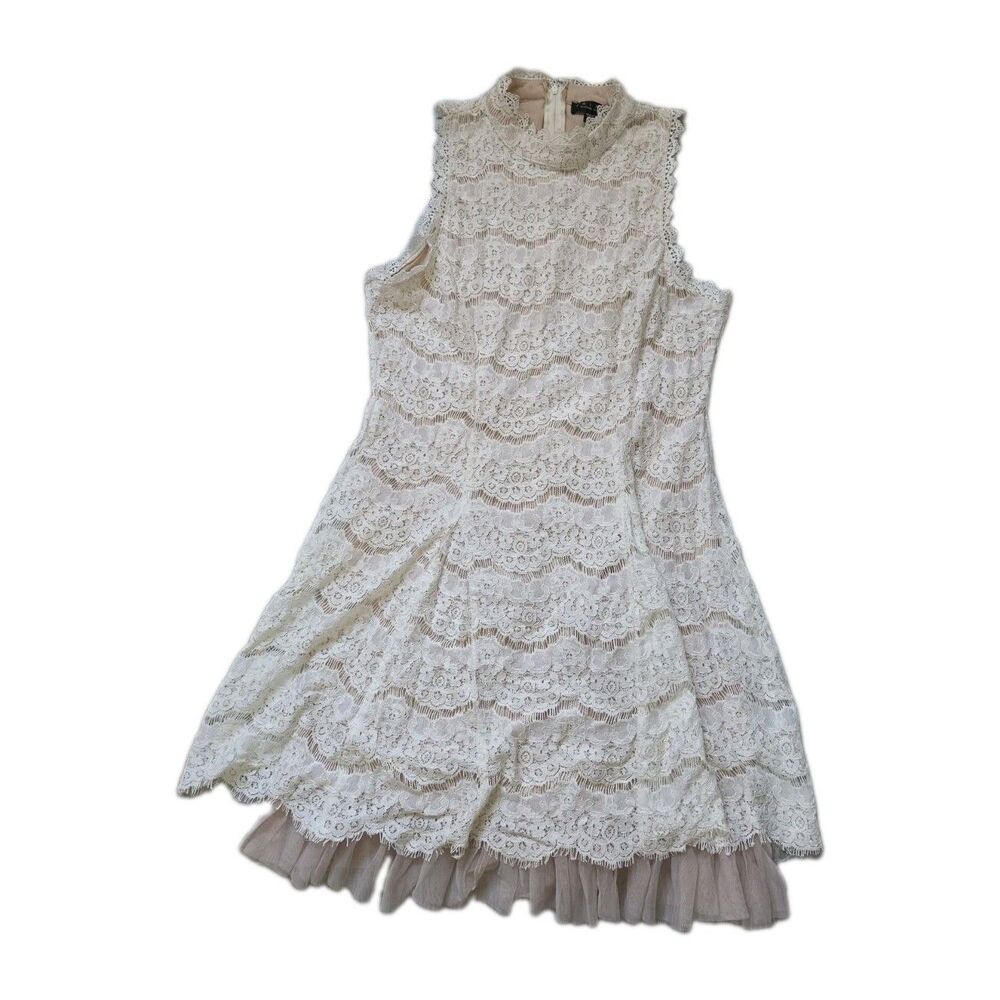 VTG Trixxi Ivory Lace Fit & Flare Dress High Neck Tulle Hem Women Jr Sz 11 EUC